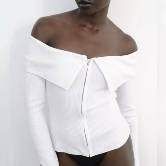 NWT Zara White Off-Shoulder Zip up ribbed Top shirt SS24 S/XS - Picture 2 of 4